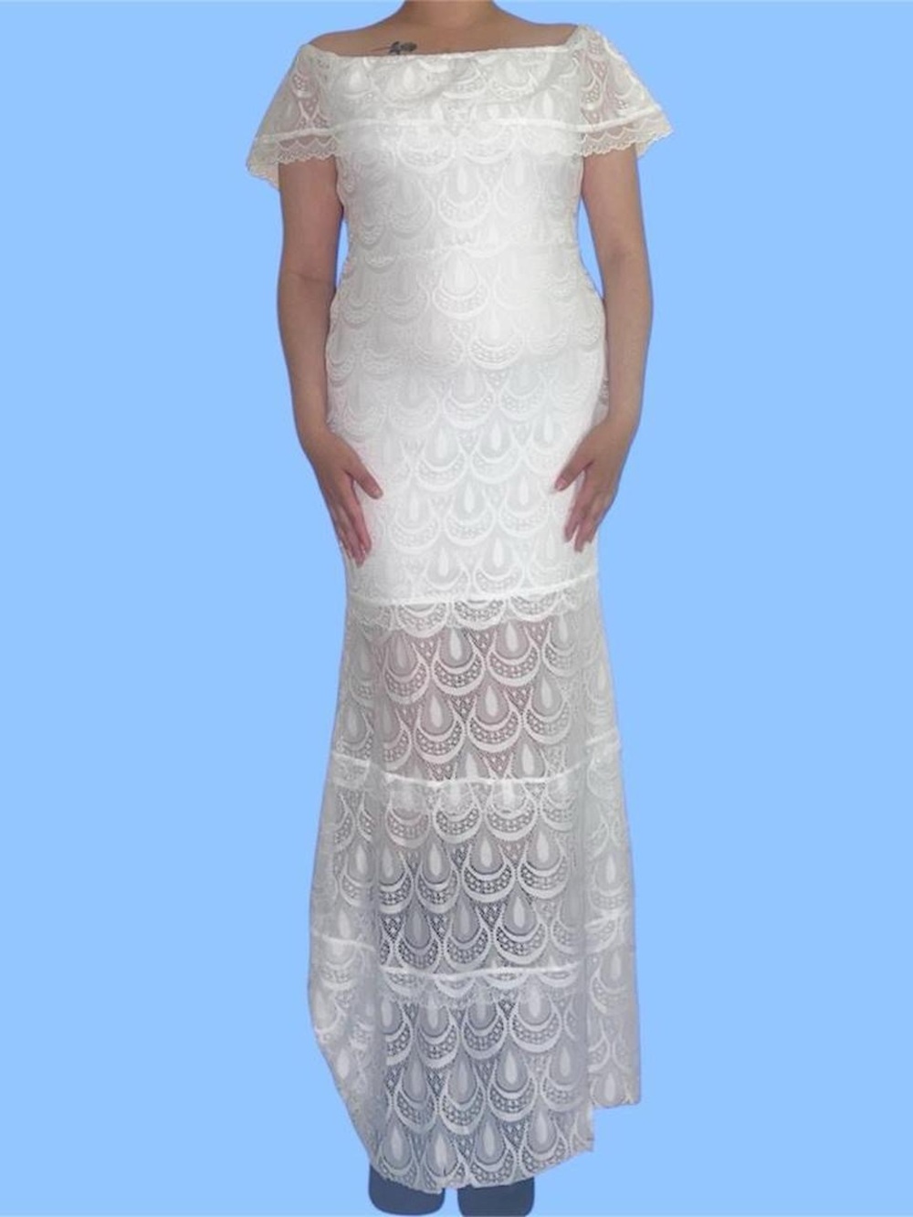 white lace off-the-shoulder maxi dress